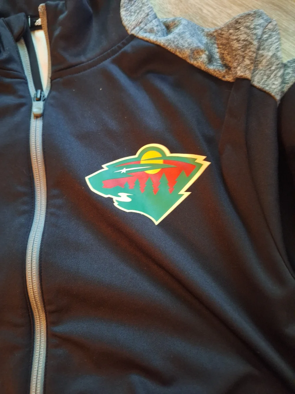 Adidas NHL Black Track Jacket with Green Logo and Multicolor Team Patch MN WILD